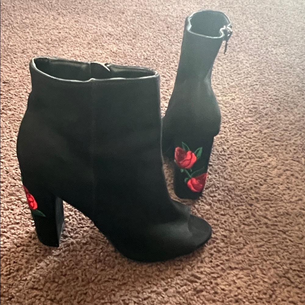 Black Peep Toe Ankle Boots with Red Rose Embroidery